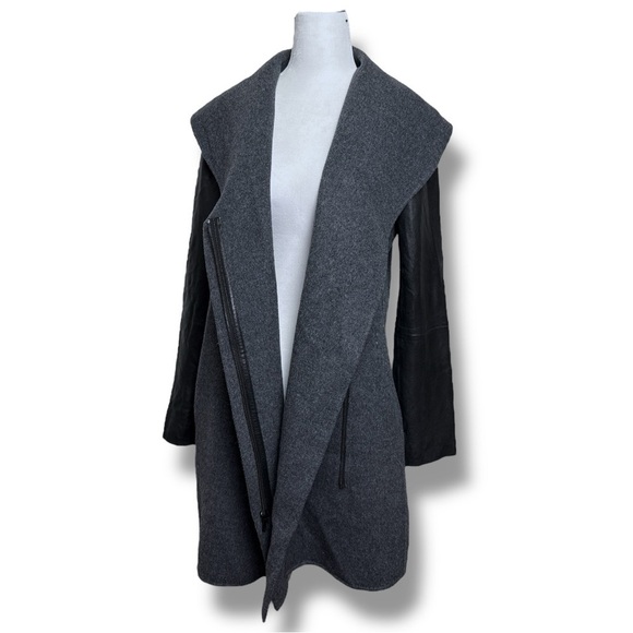 Vince Gray and Black Wool and Leather Asymmetrical Zip Coat Shawl Collar - Picture 4 of 16